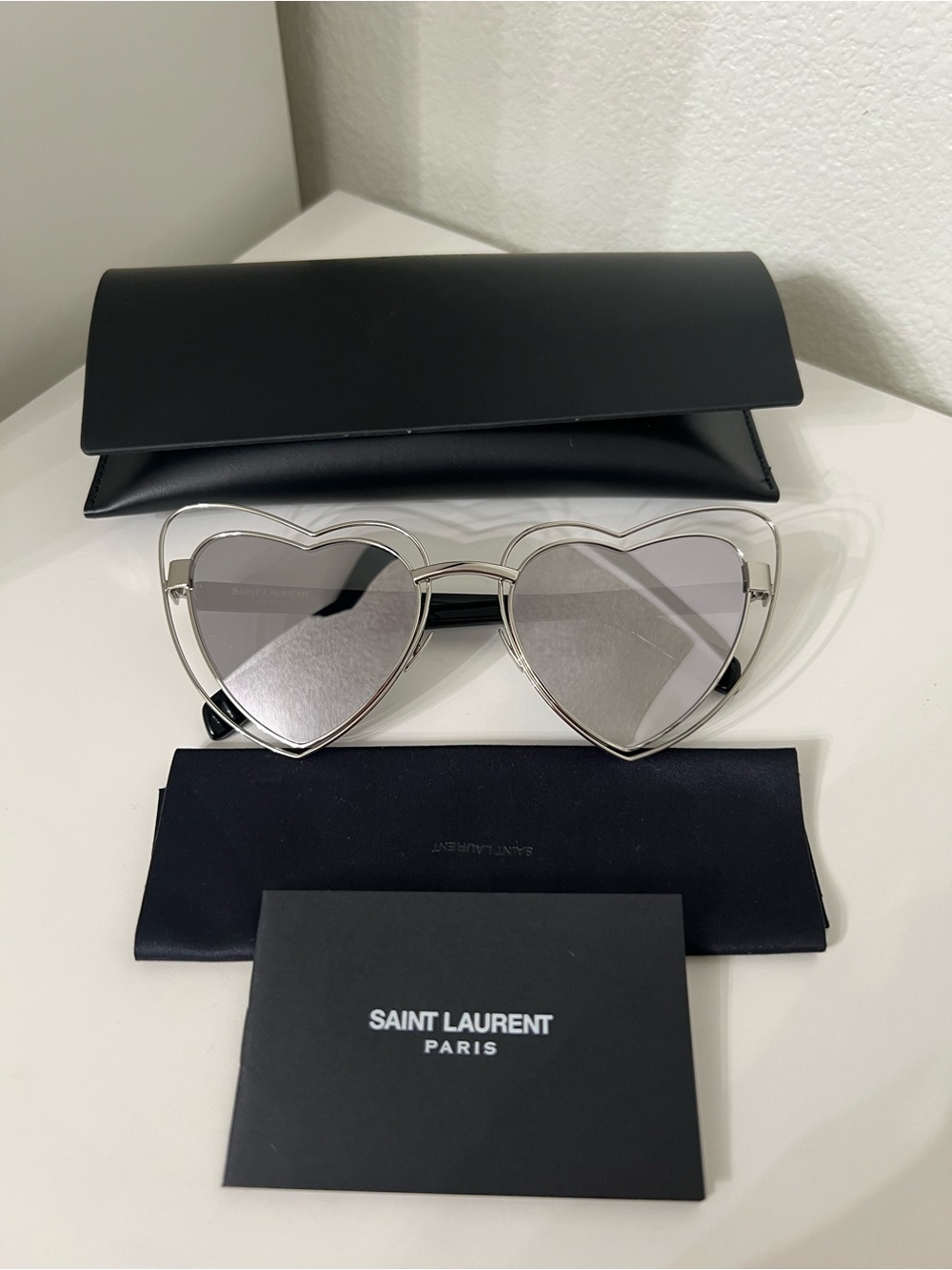 Saint Laurent Silver Heart Frame Sunglasses with Silver Mirror Lenses